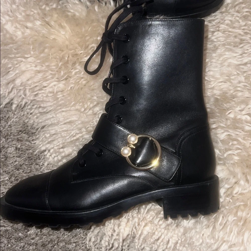 Stuart Weitzman Pearlring Leather Ankle Combat Bootie Black